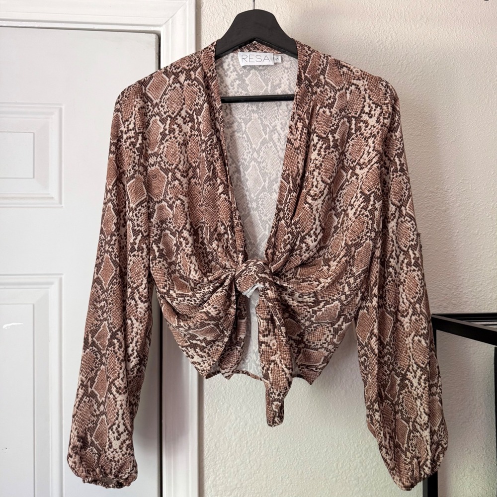 RESA brown tan cream python snake tie front cropped long sleeve blouse top